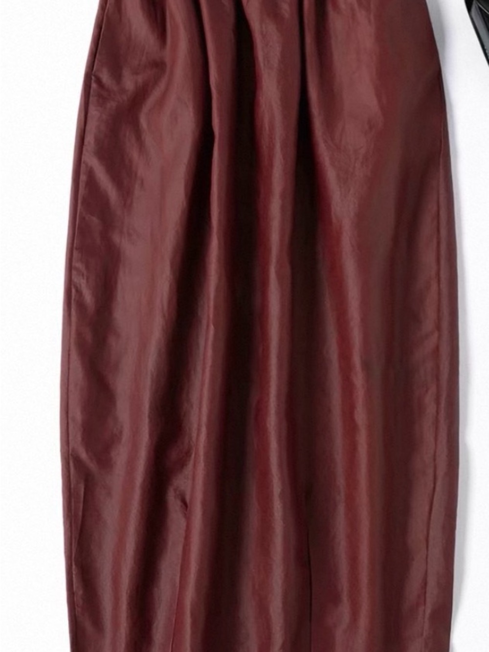 100% Silk Burgundy Satin Maxi Skirt Elastic Waist Side Slit M/L